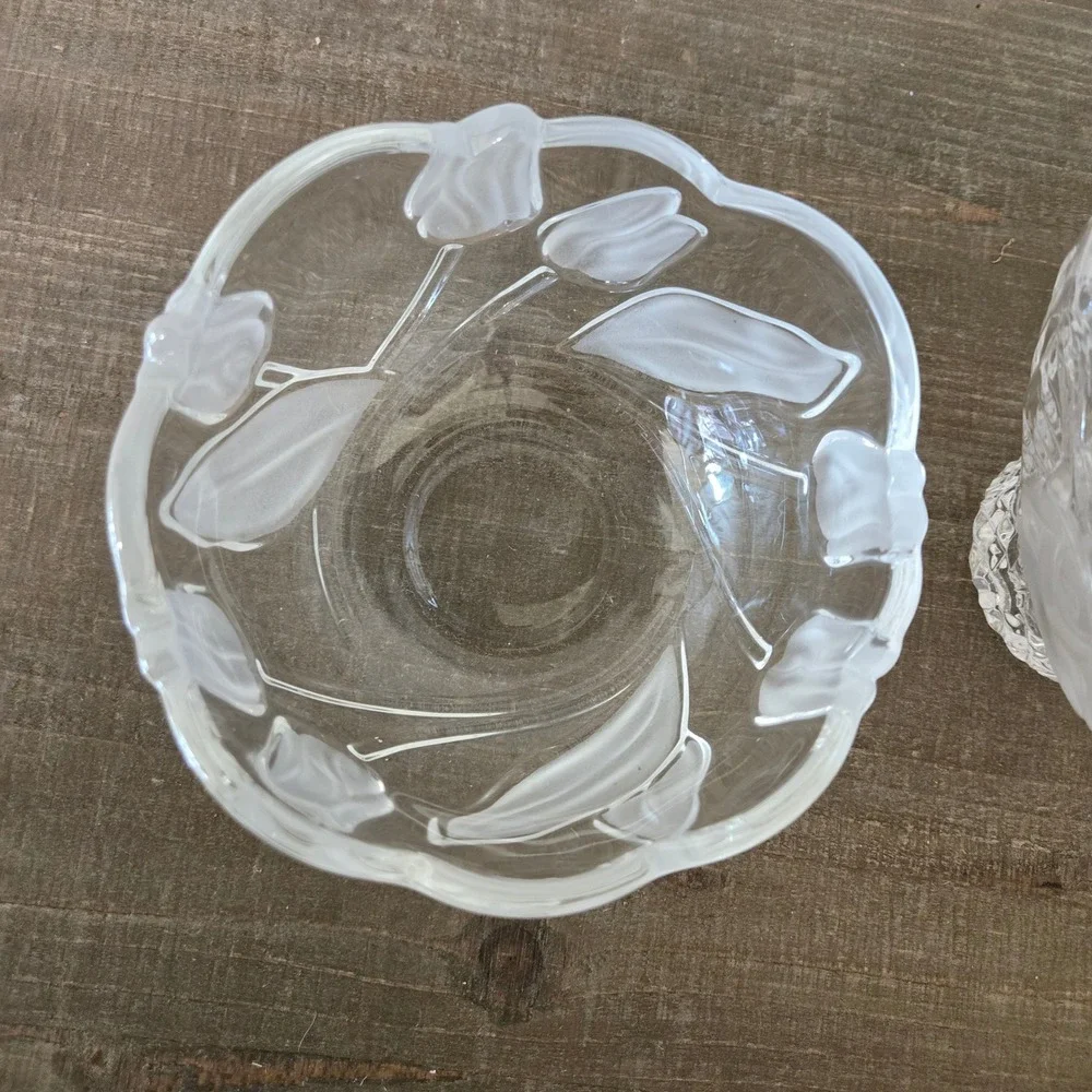 Vintage Frosted Glass Floral Basket and Tulip Bowl Set Clear Pressed Glass
